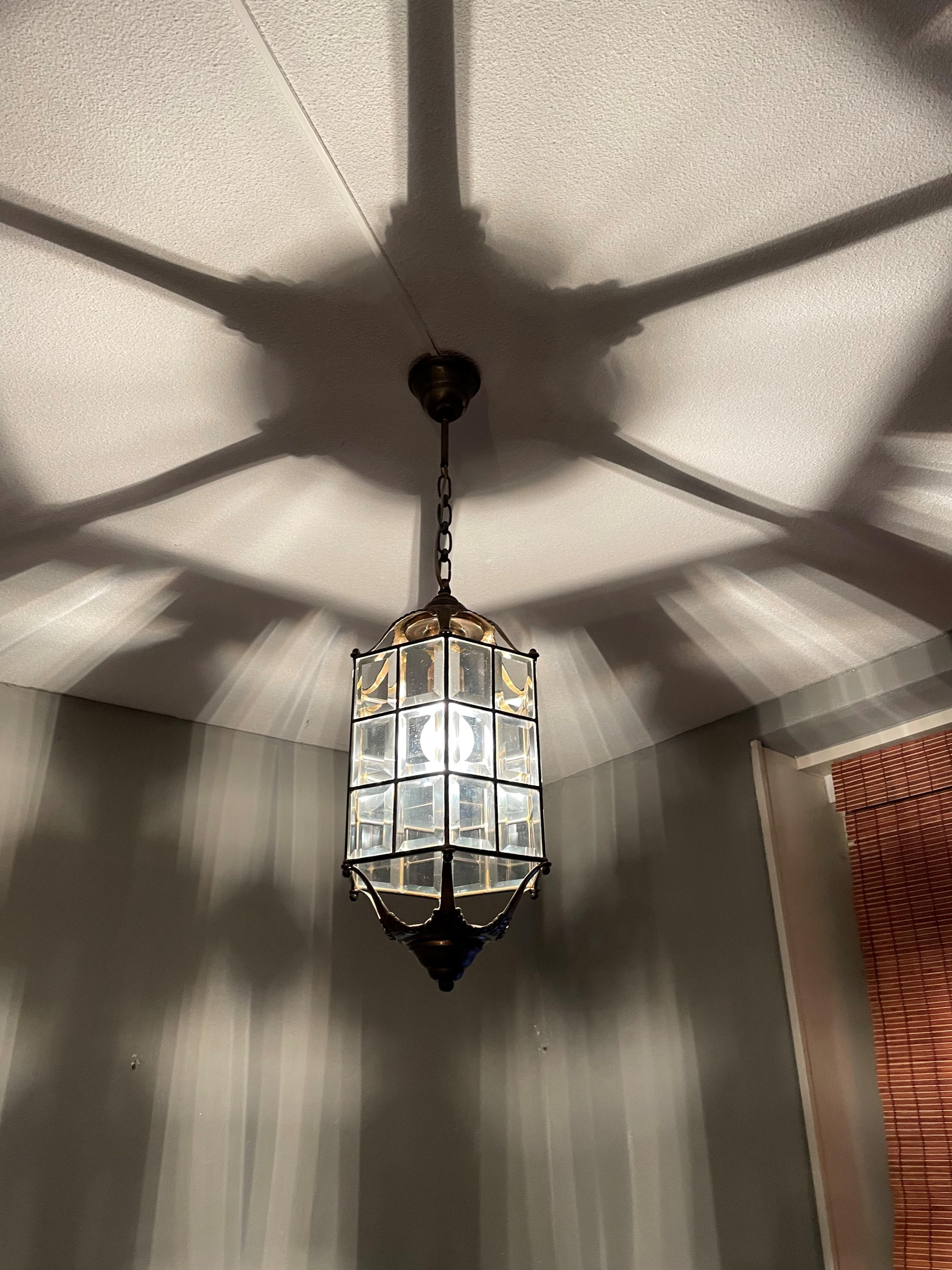Large Arts and Crafts Bronze, Brass & Beveled Glass Lantern / Pendant Light 12