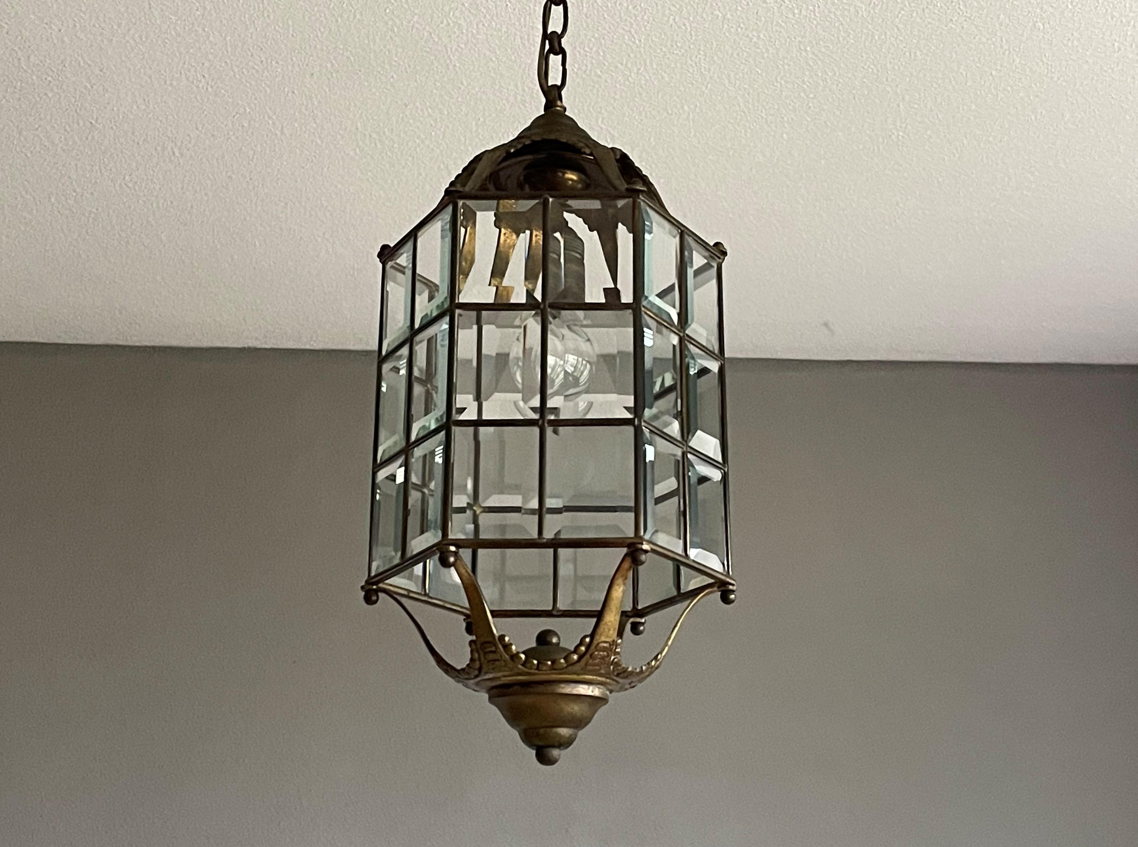 Late Arts and Crafts, Early Art Deco Bronze, Brass & Beveled Glass Pendant Light For Sale 12