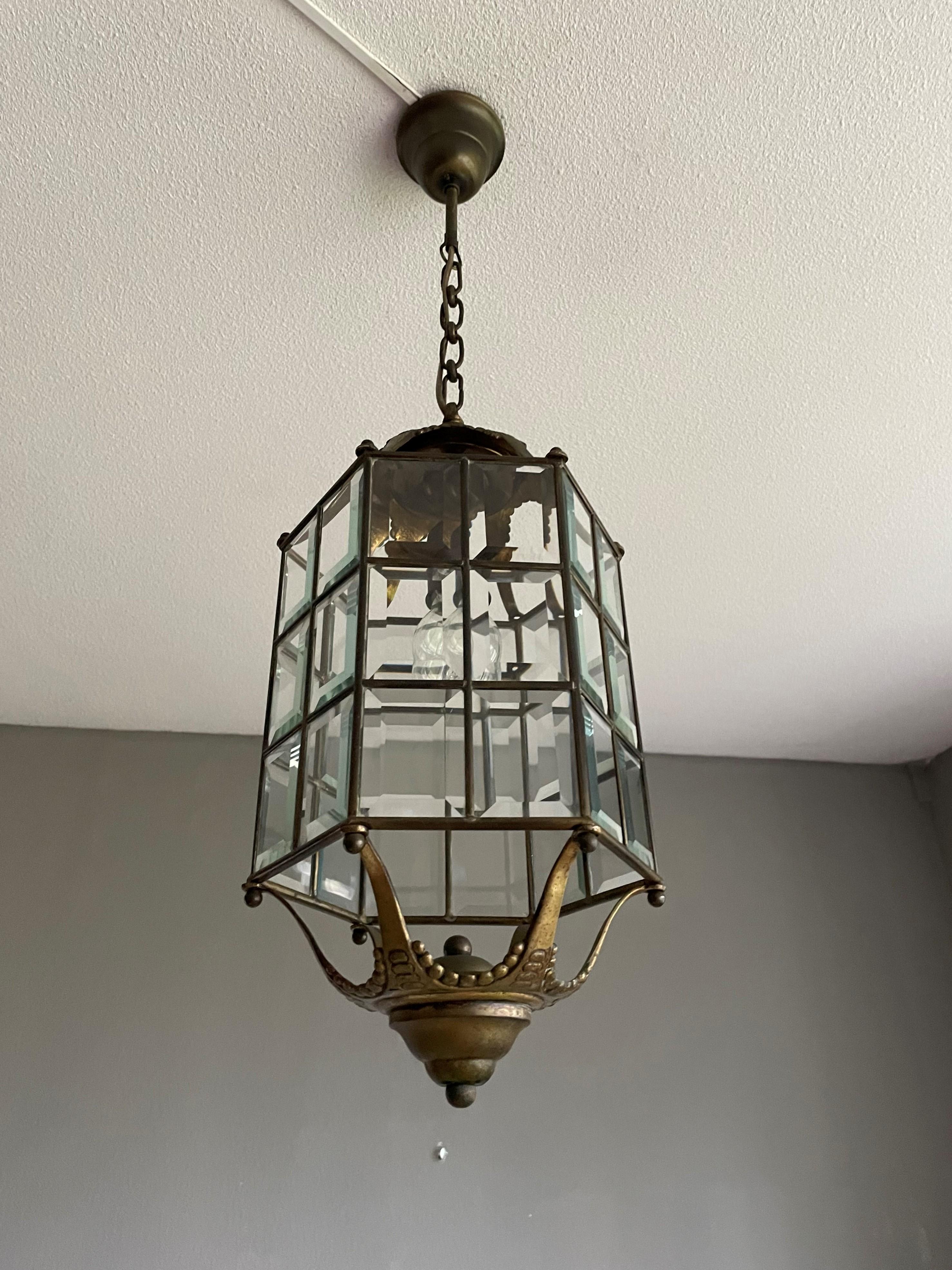 20th Century Late Arts and Crafts, Early Art Deco Bronze, Brass & Beveled Glass Pendant Light For Sale