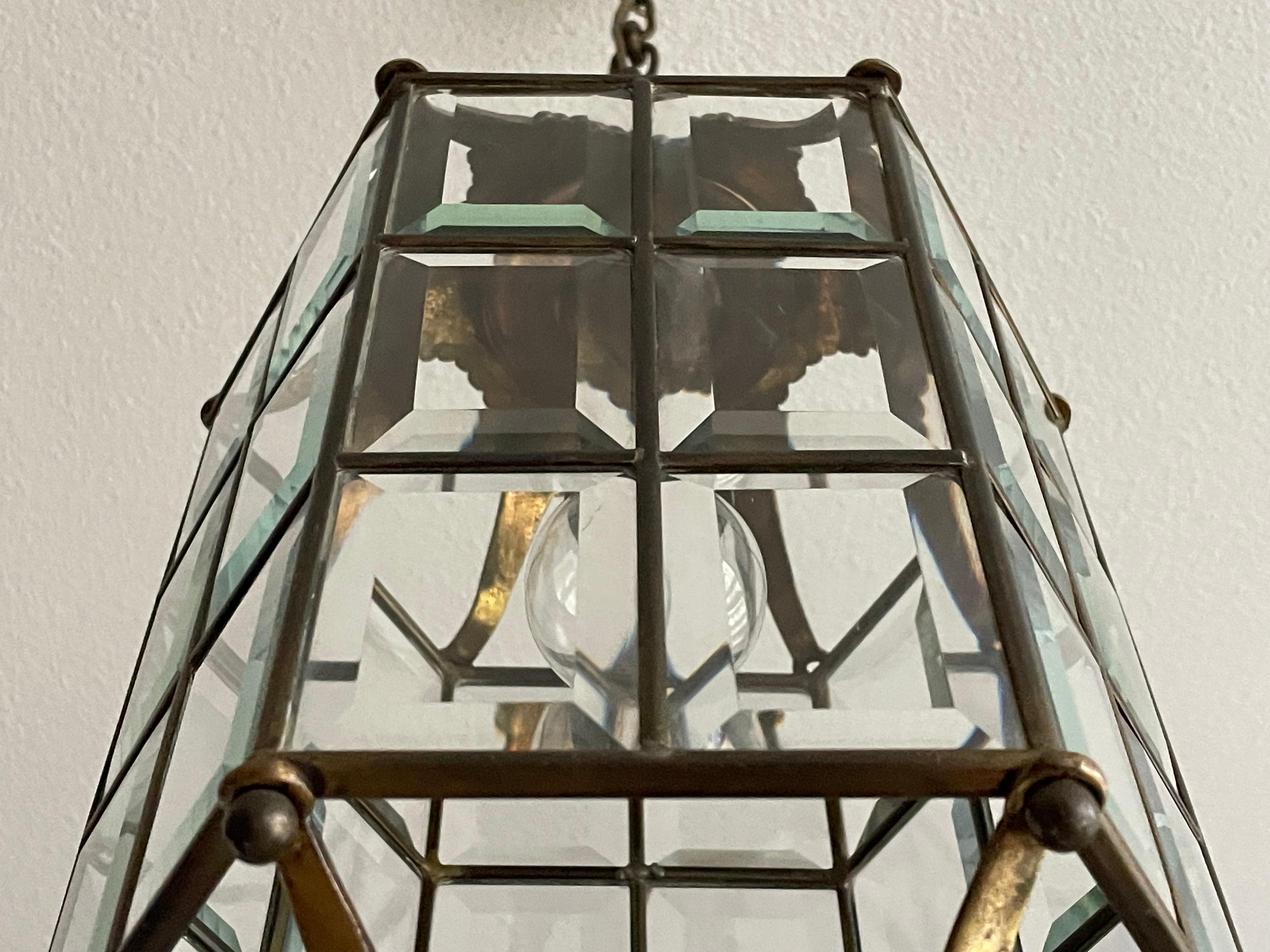 Late Arts and Crafts, Early Art Deco Bronze, Brass & Beveled Glass Pendant Light For Sale 2