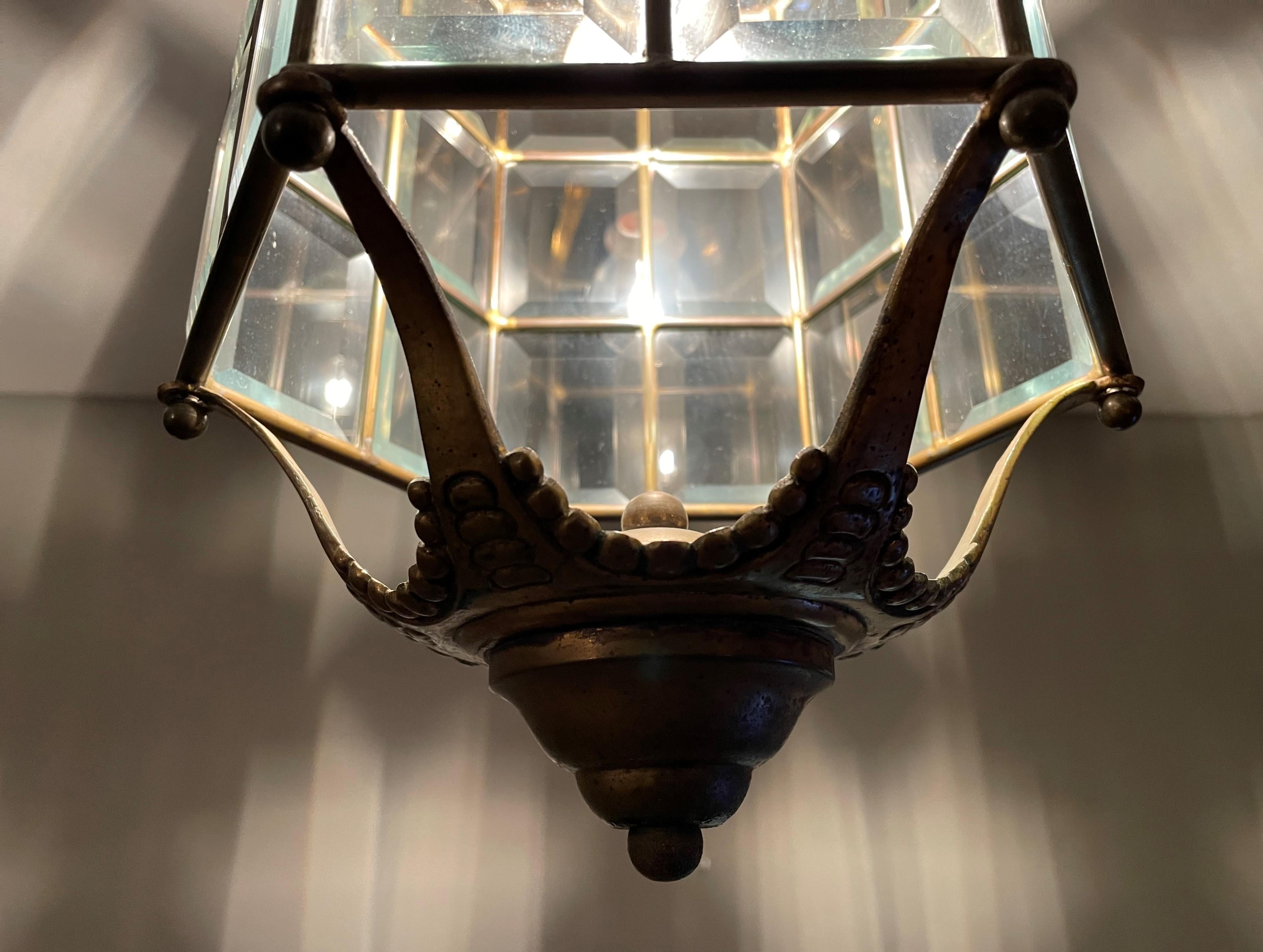 Late Arts and Crafts, Early Art Deco Bronze, Brass & Beveled Glass Pendant Light For Sale 3