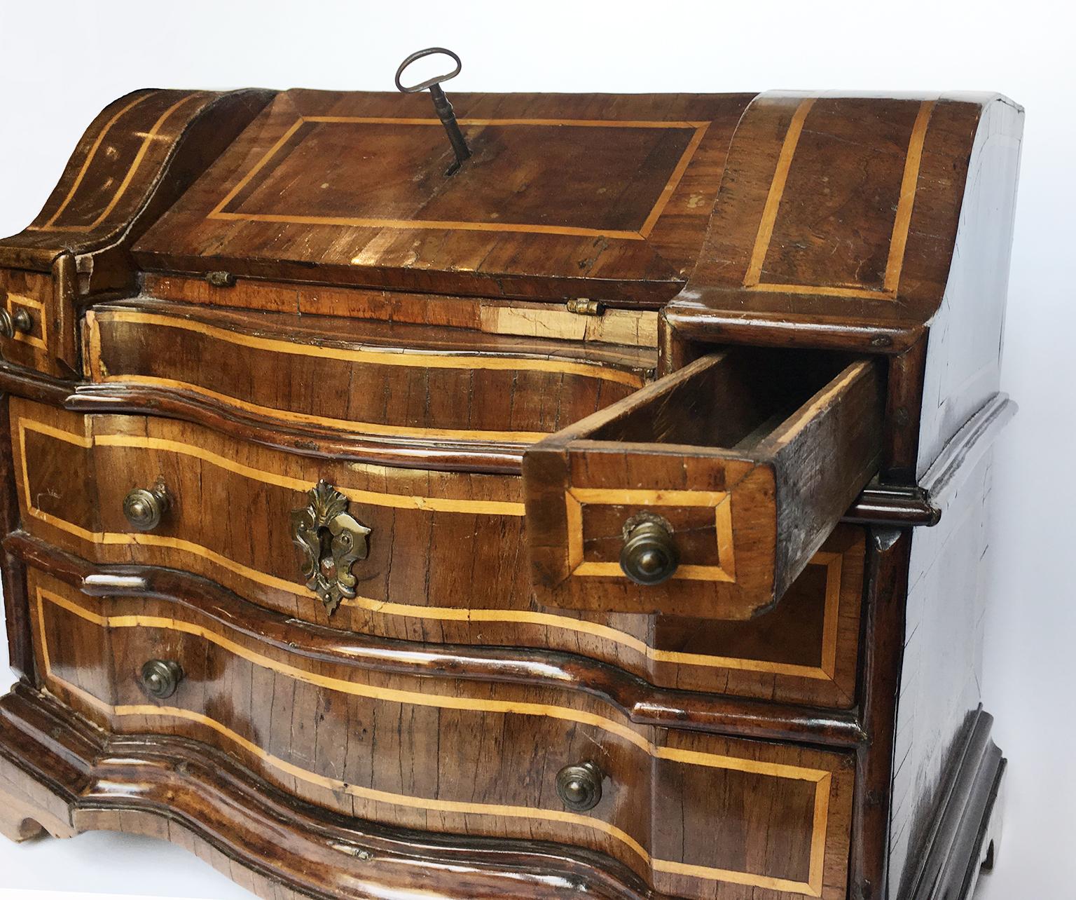 Veneer Late Baroque Italian Miniature Model of a Chest of Drawers with Flap, circa 1750