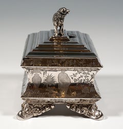 Late Biedermeier Silver Sugar Box With Chinoiseries And Dog Knob, Germany, 1848