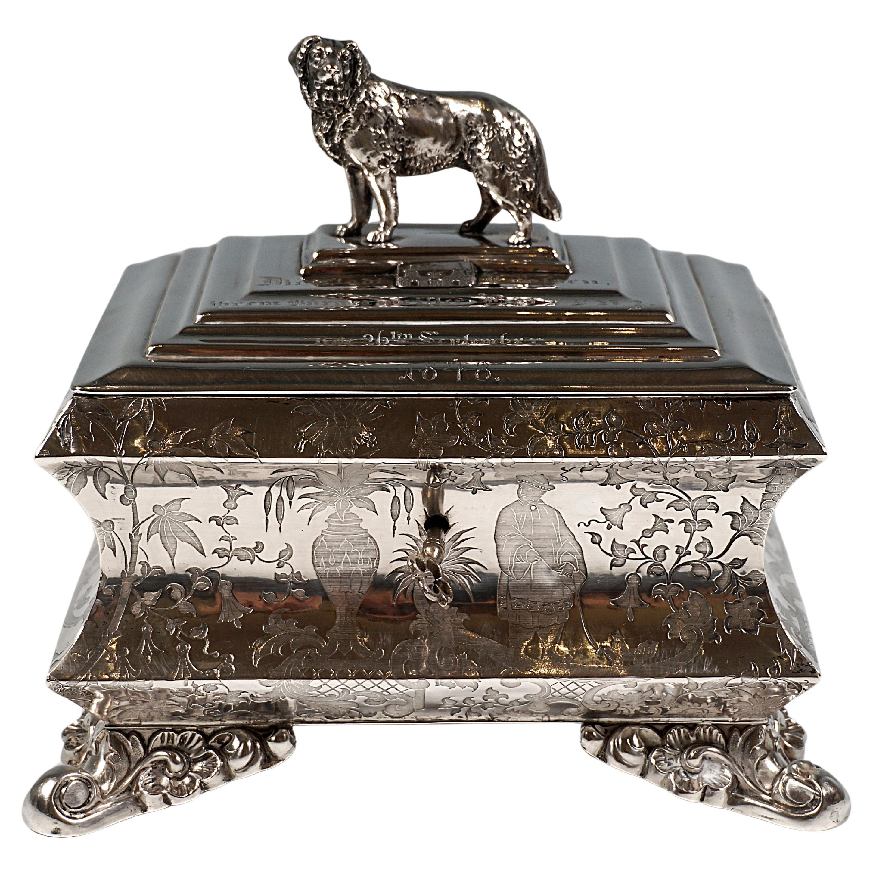 Late Biedermeier Silver Sugar Box With Chinoiseries And Dog Knob, Germany, 1848