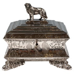Late Biedermeier Silver Sugar Box With Chinoiseries And Dog Knob, Germany, 1848