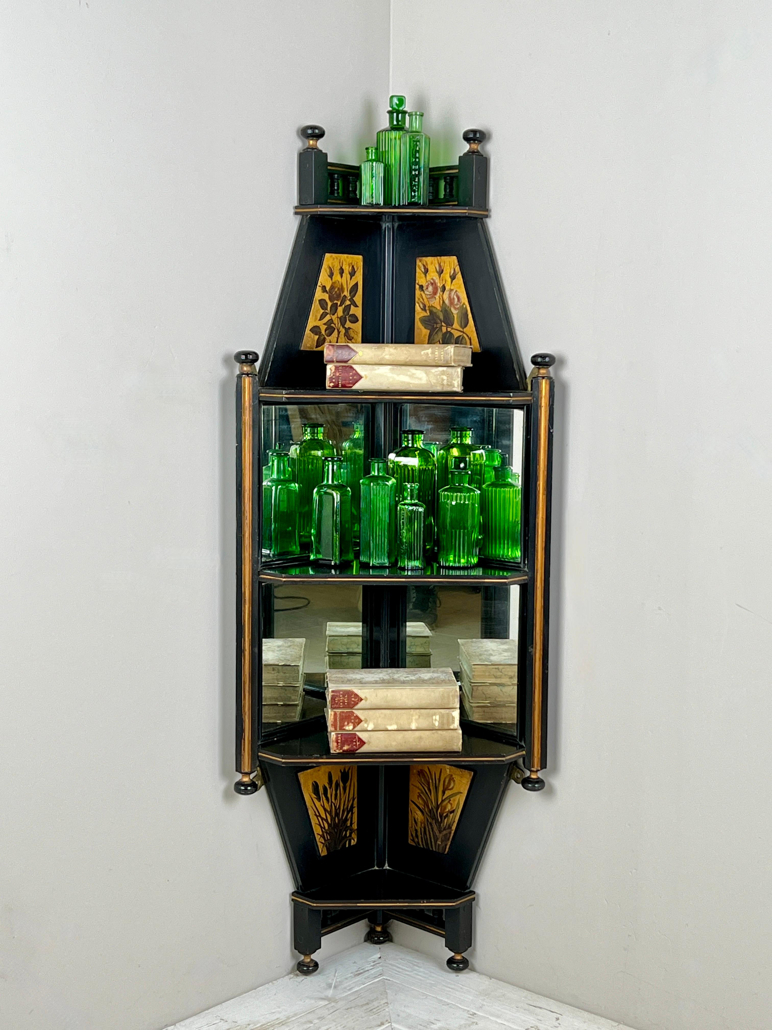 English Late C19th Aesthetic Movement Ebonised And Mirrored Corner Shelf For Sale
