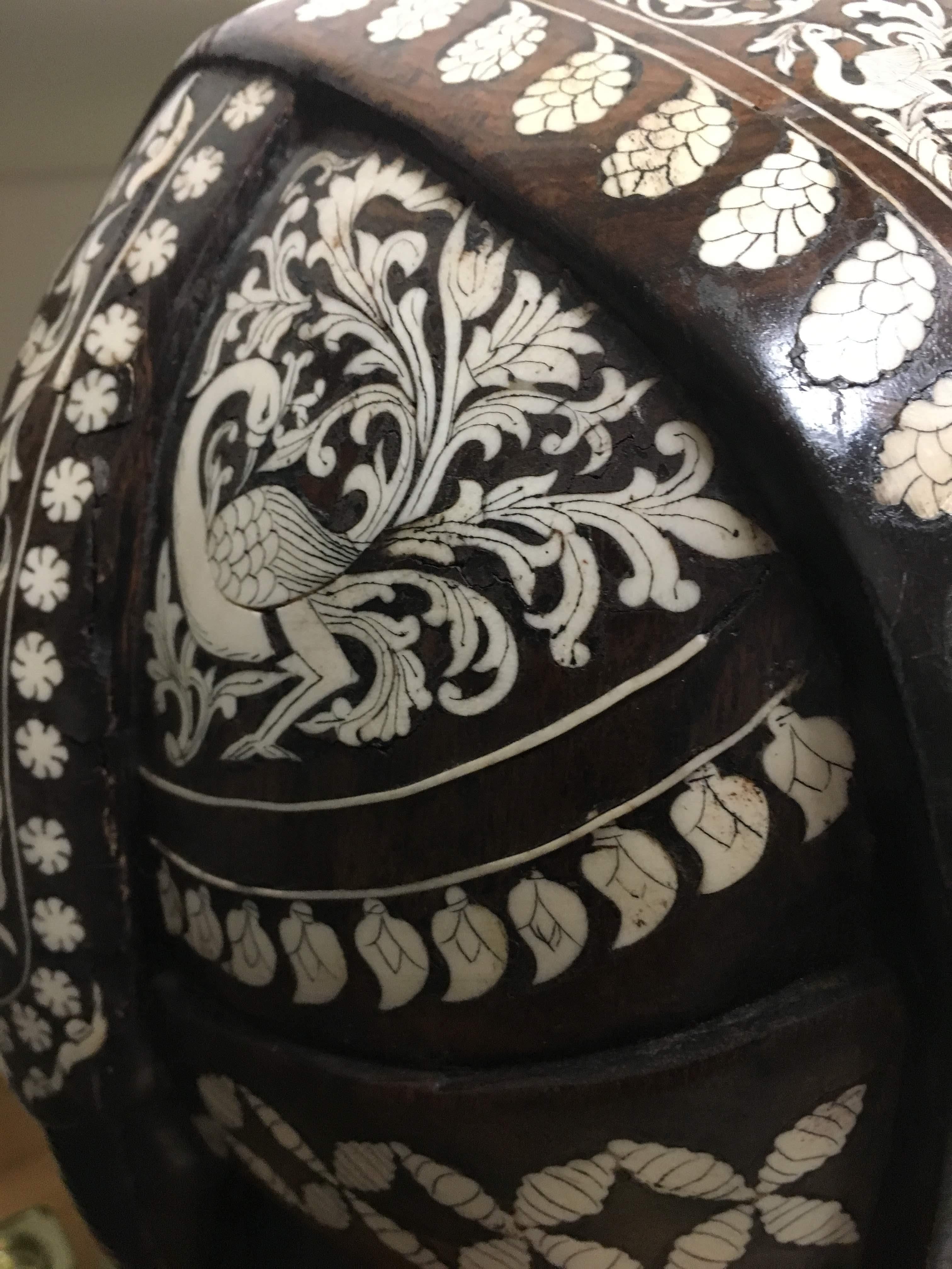 Late C19th/Early C20th Handcarved Rosewood & Camel Bone Inlay Elephant On Plinth For Sale 3