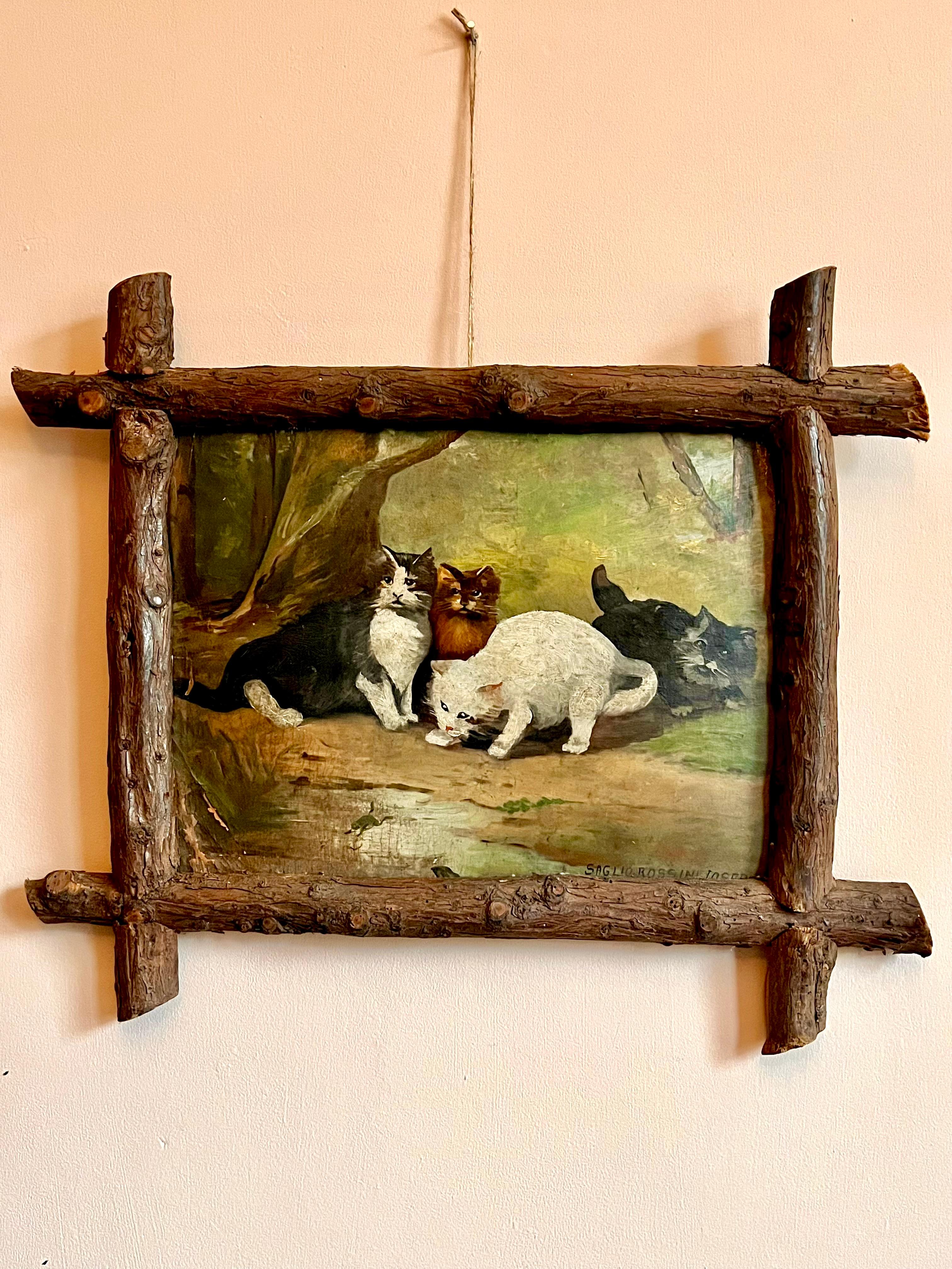 Late C19th Italian oil on board cat painting.

Wonderful and rustic scene depicting four cats chasing a frog with folk art style bark frame. Signed Saglio Rossini Joseph. In good condition with some damage to bottom right corner, spots of historic