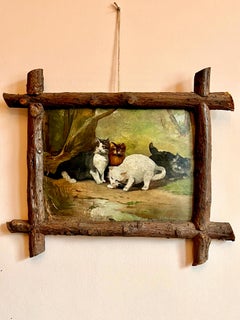 Late C19th Italian Oil On Board Cat Painting With Bark Folk Art Frame
