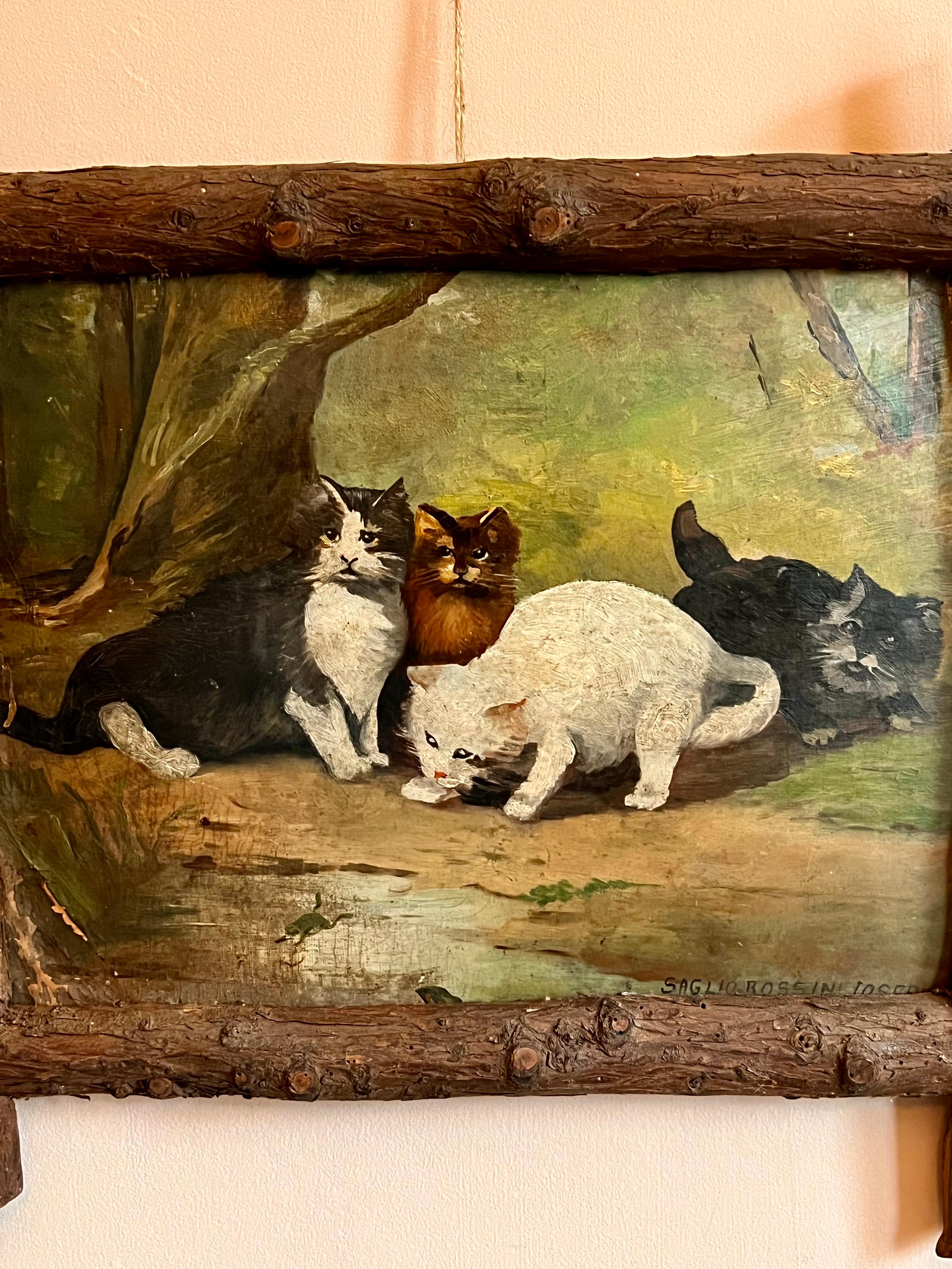 Hand-Painted Late C19th Italian Oil On Board Cat Painting With Bark Folk Art Frame For Sale