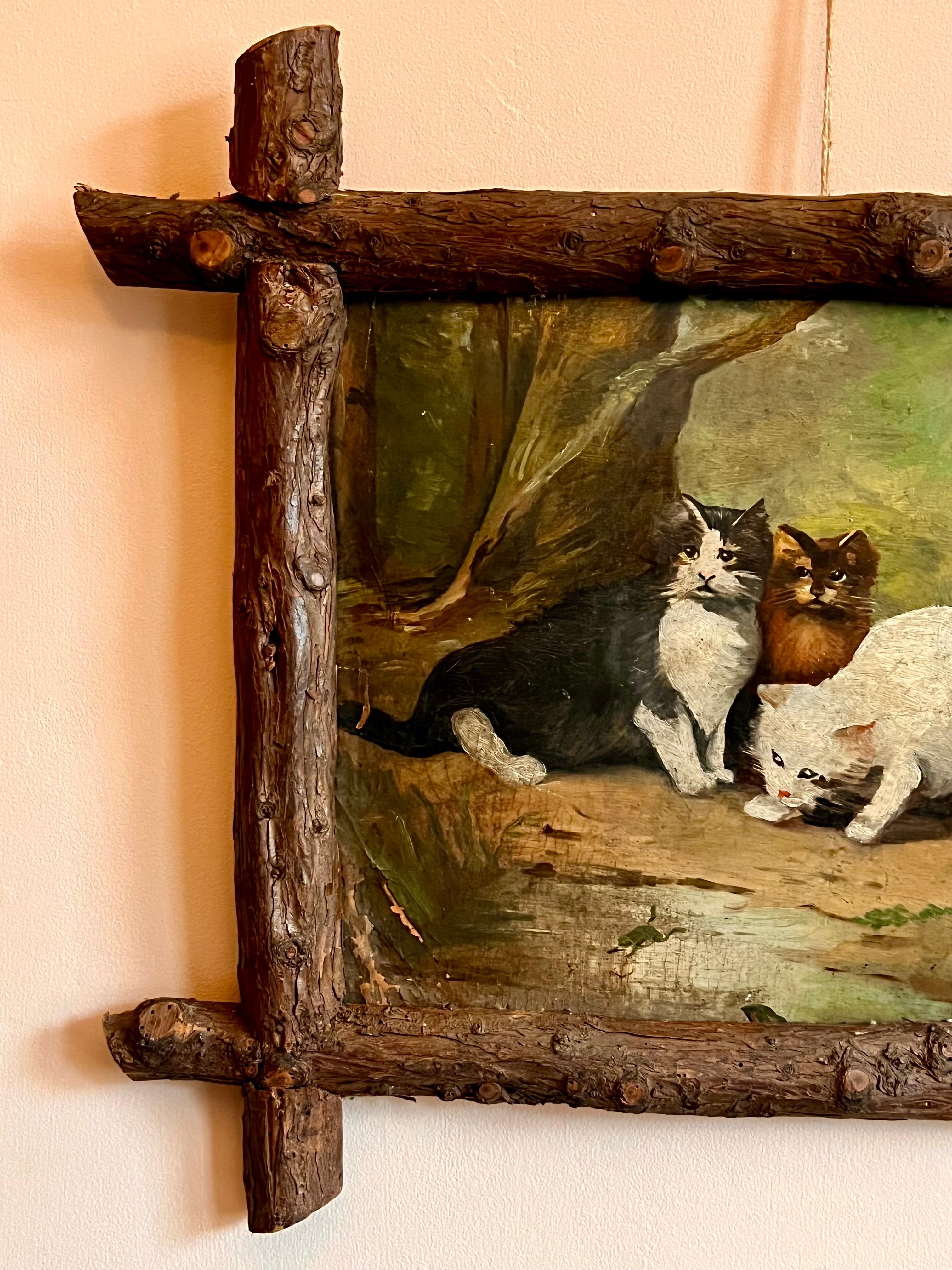 Late C19th Italian Oil On Board Cat Painting With Bark Folk Art Frame In Good Condition For Sale In London, GB