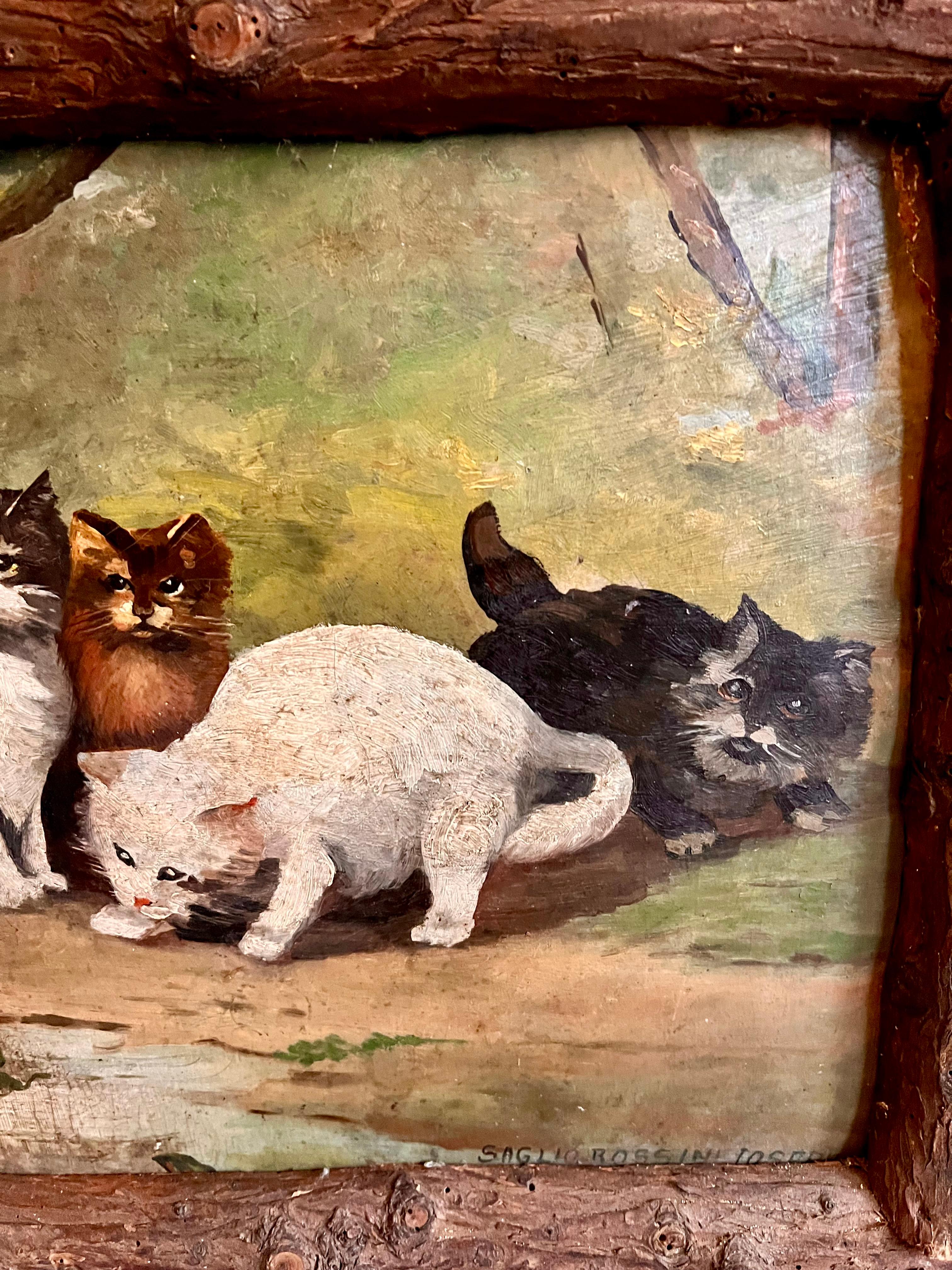 19th Century Late C19th Italian Oil On Board Cat Painting With Bark Folk Art Frame For Sale