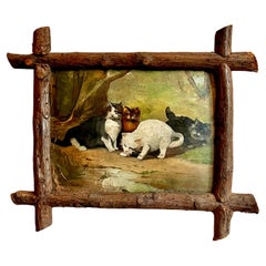 Quadro di gatto a olio su tavola della fine del 19° secolo con cornice in corteccia di arte popolare