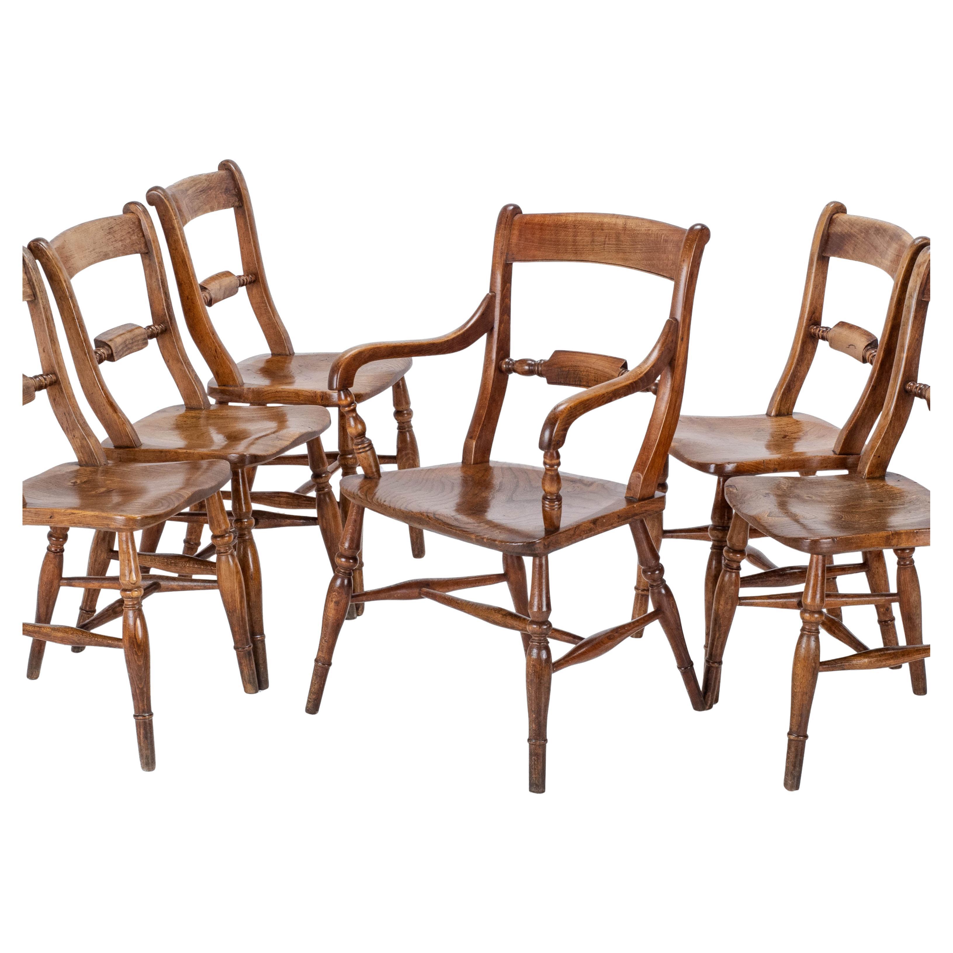 Late c19th Set of 6 Elm Ash Beech Windsor Farmhouse Kitchen Dining Chairs Carver