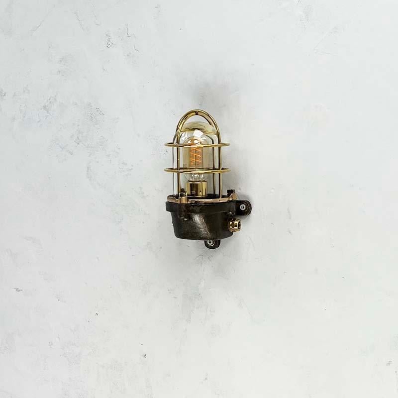 Late Century British Cast Steel, Brass & Bronze Wall Light, Cage & Glass Shade For Sale 4