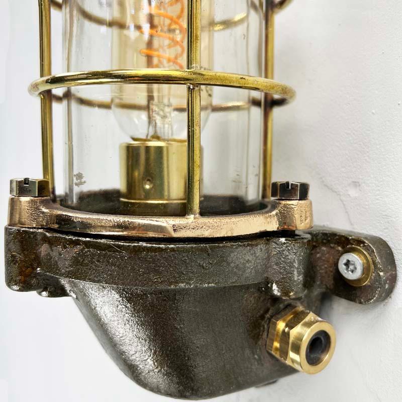 English Late Century British Cast Steel, Brass & Bronze Wall Light, Cage & Glass Shade For Sale