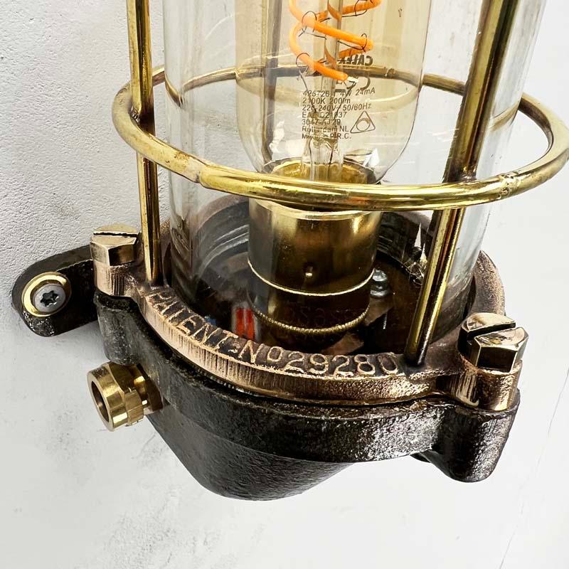 Late Century British Cast Steel, Brass & Bronze Wall Light, Cage & Glass Shade In Good Condition For Sale In Leicester, Leicestershire