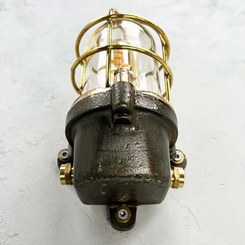 Late 20th Century Late Century British Cast Steel, Brass & Bronze Wall Light, Cage & Glass Shade For Sale