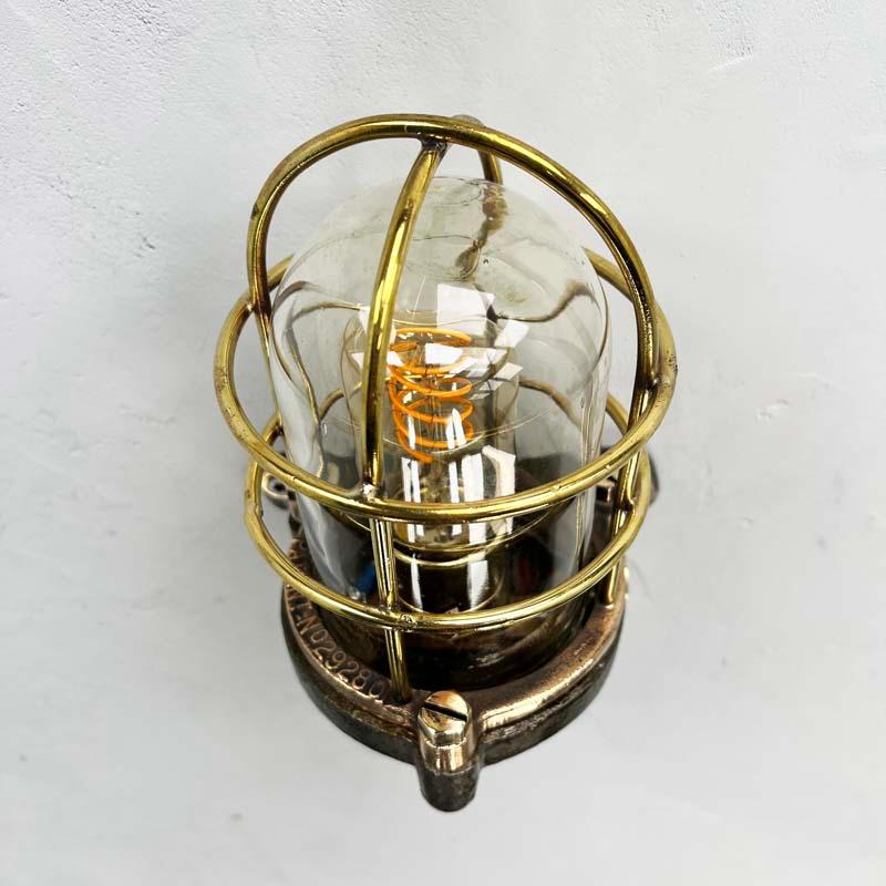 Late Century British Cast Steel, Brass & Bronze Wall Light, Cage & Glass Shade For Sale 1