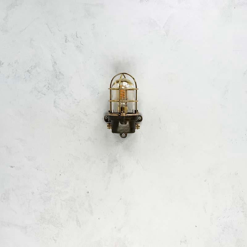 Late Century British Cast Steel, Brass & Bronze Wall Light, Cage & Glass Shade For Sale 2