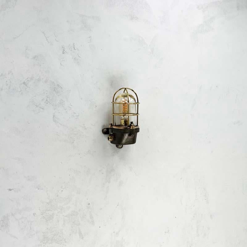 Late Century British Cast Steel, Brass & Bronze Wall Light, Cage & Glass Shade For Sale 3