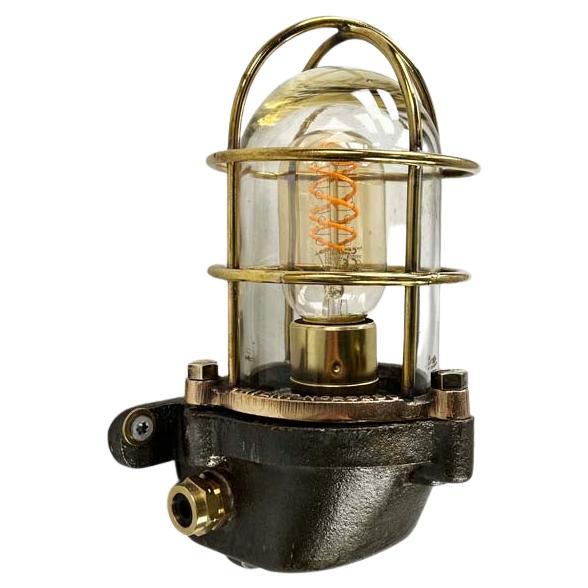 Late Century British Cast Steel, Brass & Bronze Wall Light, Cage & Glass Shade For Sale