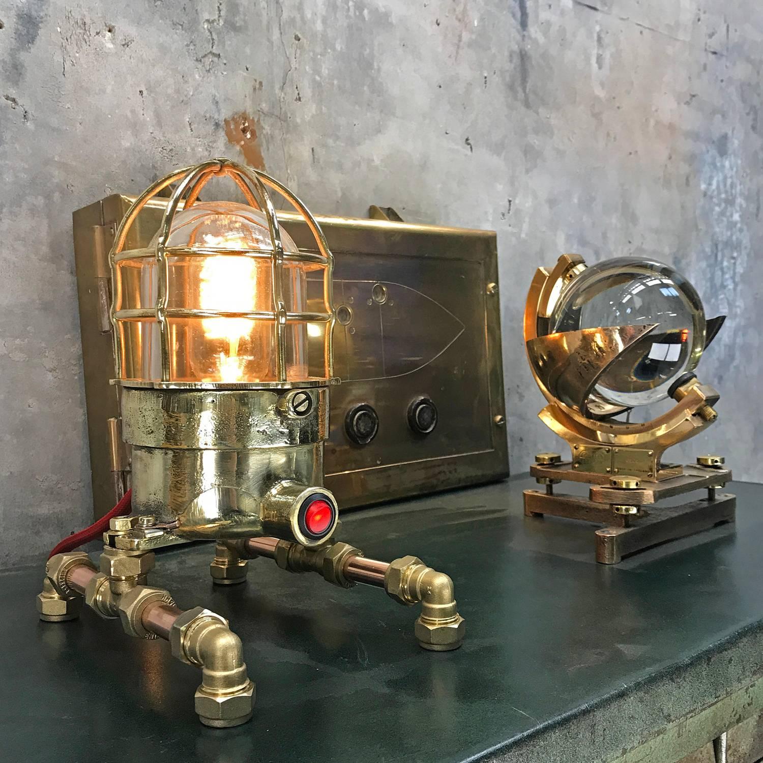 Late Century Bronze Brass Glass & Copper Edison Steampunk Industrial Table Lamp For Sale 5