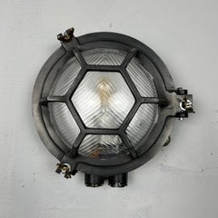 Late Century Cast Circular Wall Light Hex Cage - Reeded Glass & Gun Metal Finish