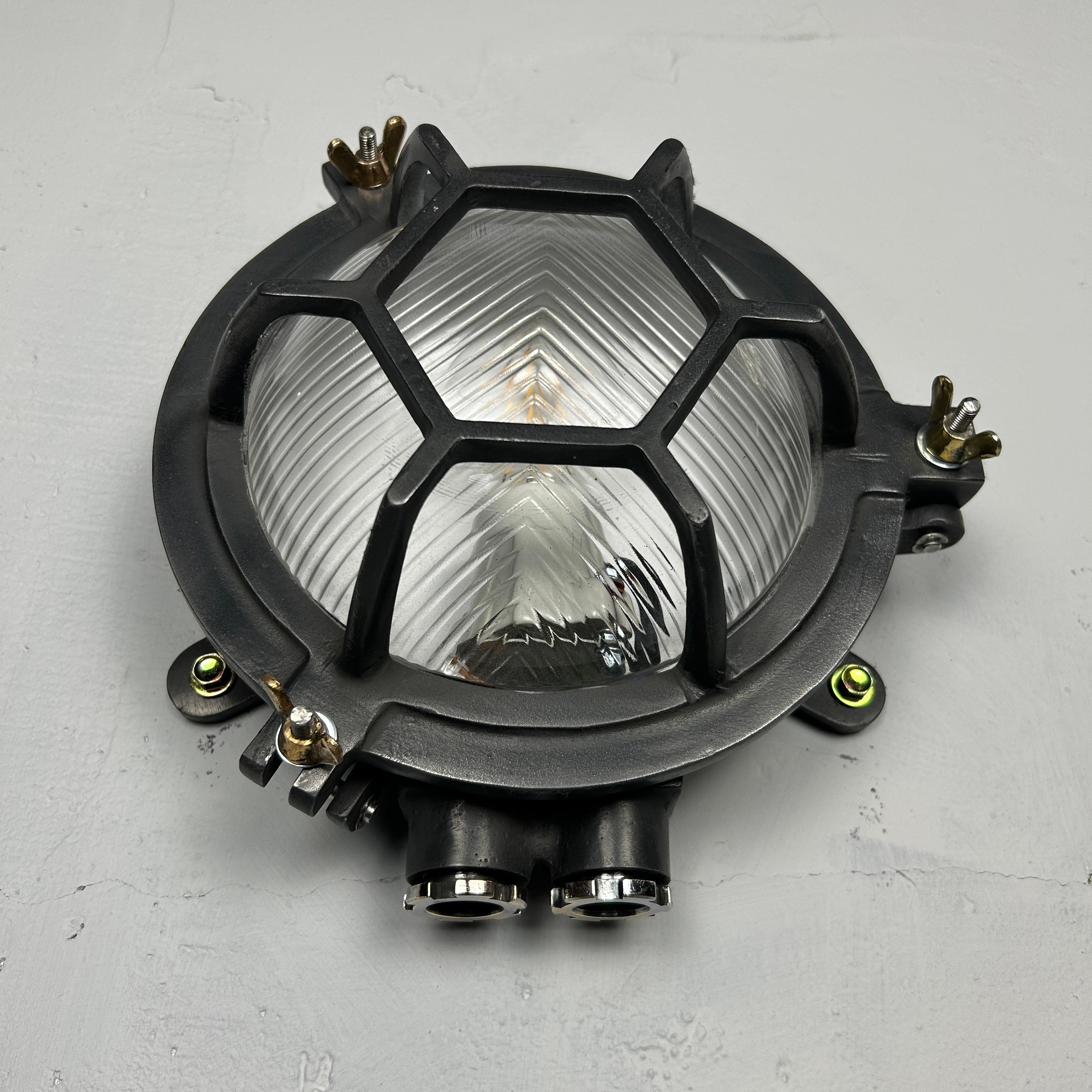 Aplique Circular de Fundición Siglo Tardío Jaula Hexagonal - Cristal Carrizo y Acabado Gun Metal finales del siglo XX en venta