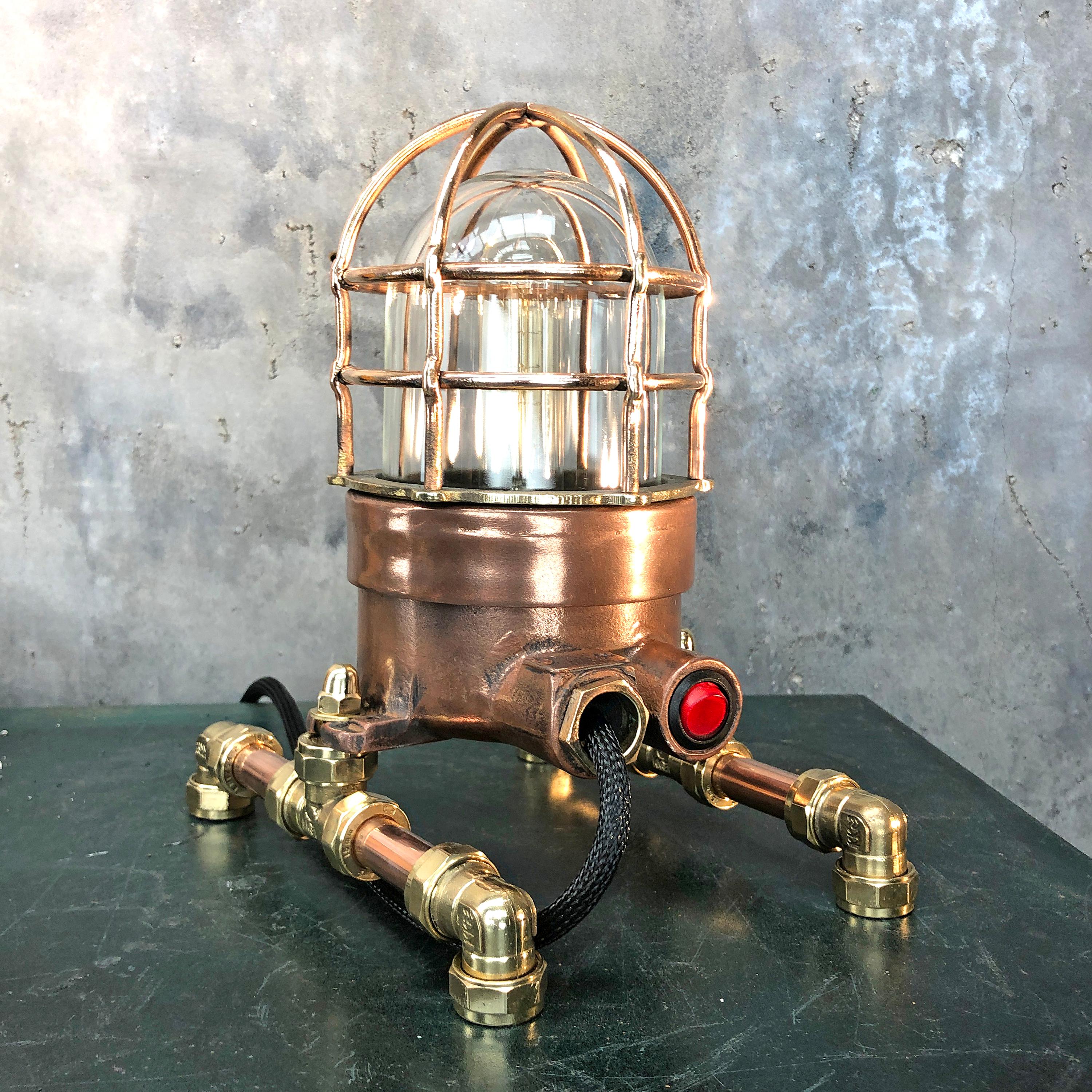 Late Century Copper, Brass and Glass Edison Steampunk Industrial Table Lamp For Sale 7