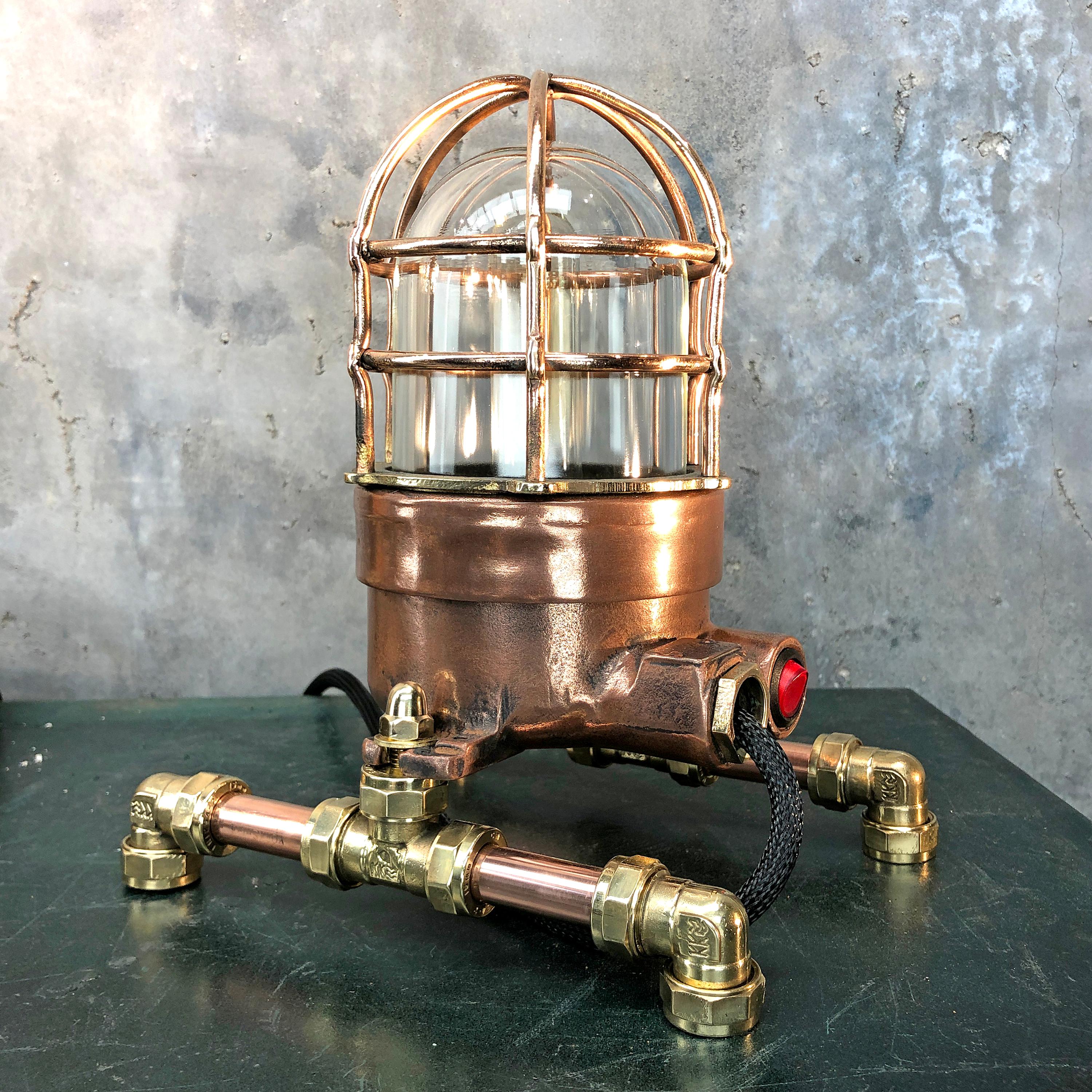 Late Century Copper, Brass and Glass Edison Steampunk Industrial Table Lamp For Sale 8