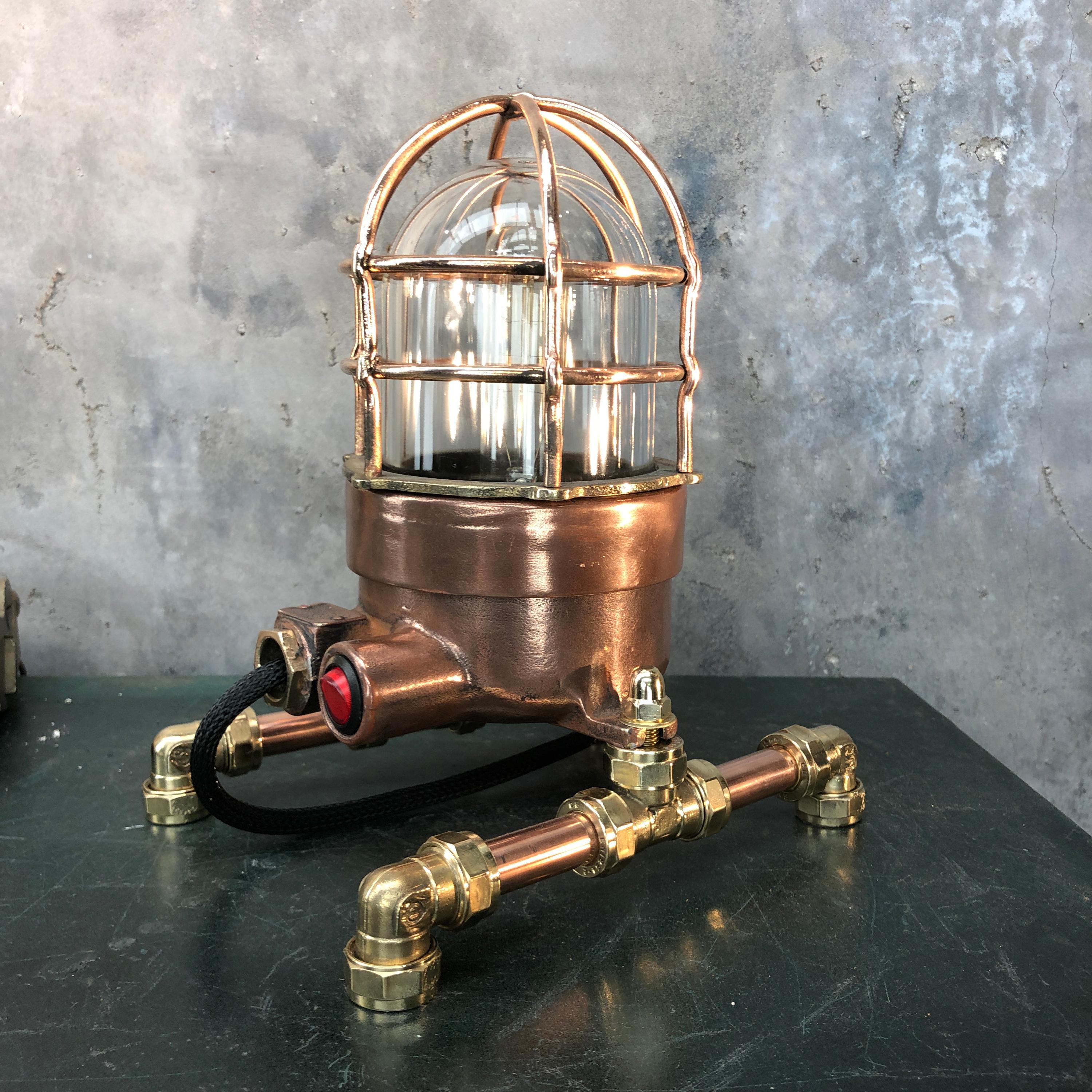 Late Century Copper, Brass and Glass Edison Steampunk Industrial Table Lamp For Sale 9