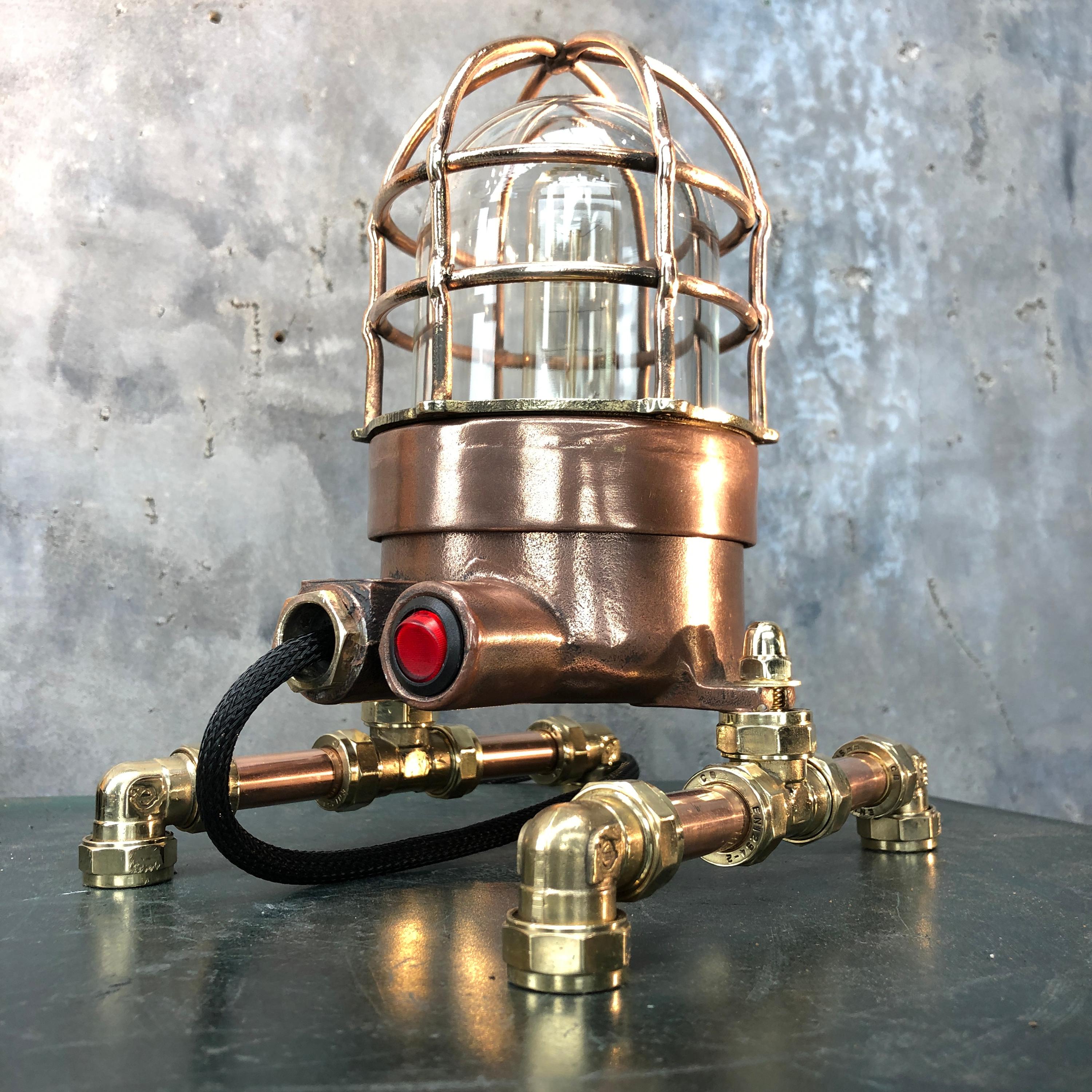 Late Century Copper, Brass and Glass Edison Steampunk Industrial Table Lamp For Sale 10