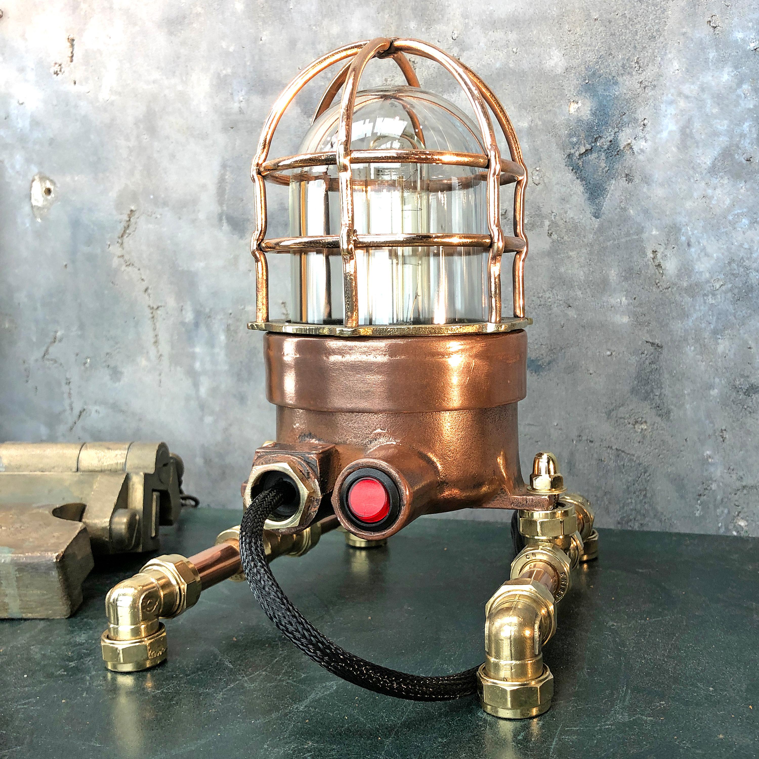 Late Century Copper, Brass and Glass Edison Steampunk Industrial Table Lamp For Sale 11