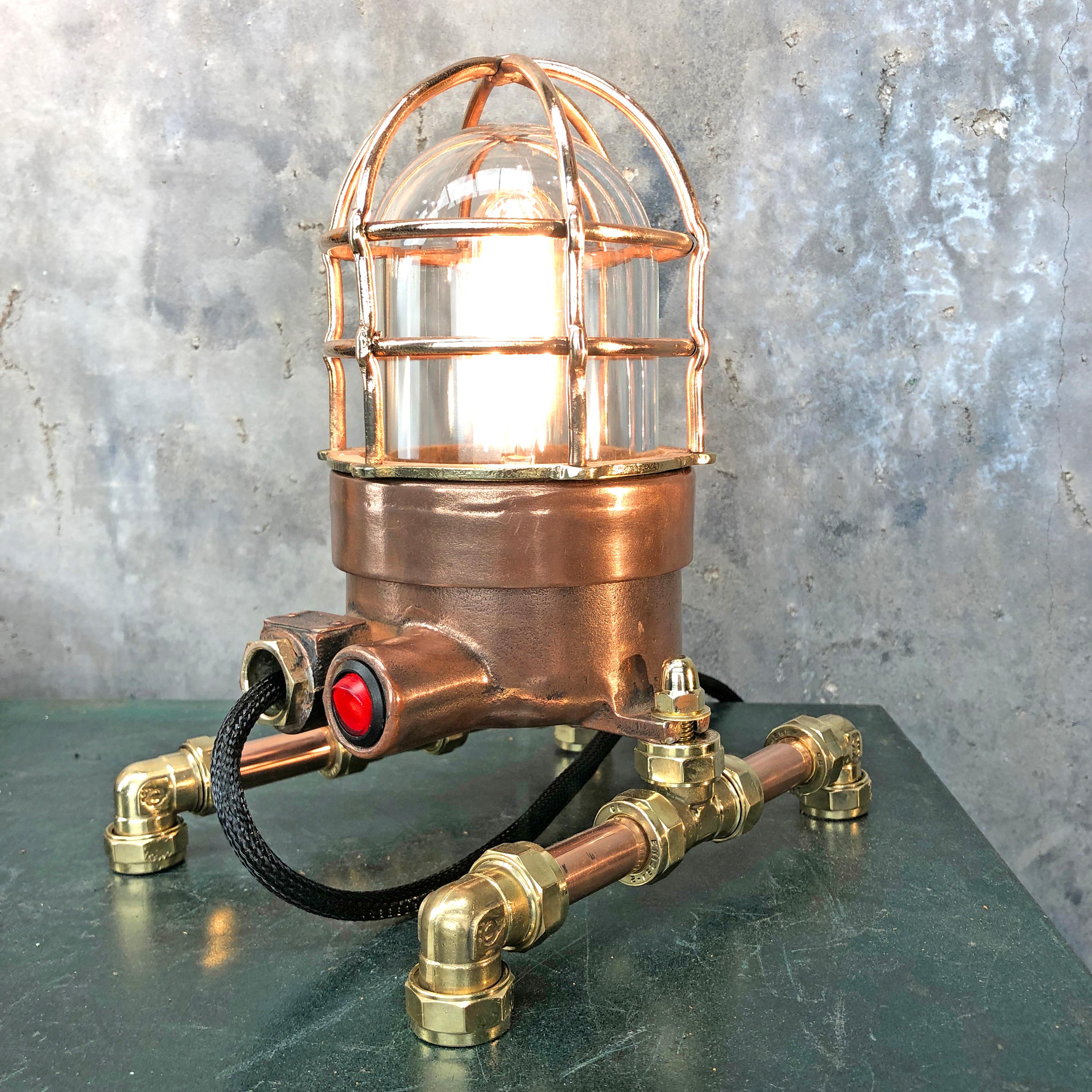 German Late Century Copper, Brass and Glass Edison Steampunk Industrial Table Lamp For Sale