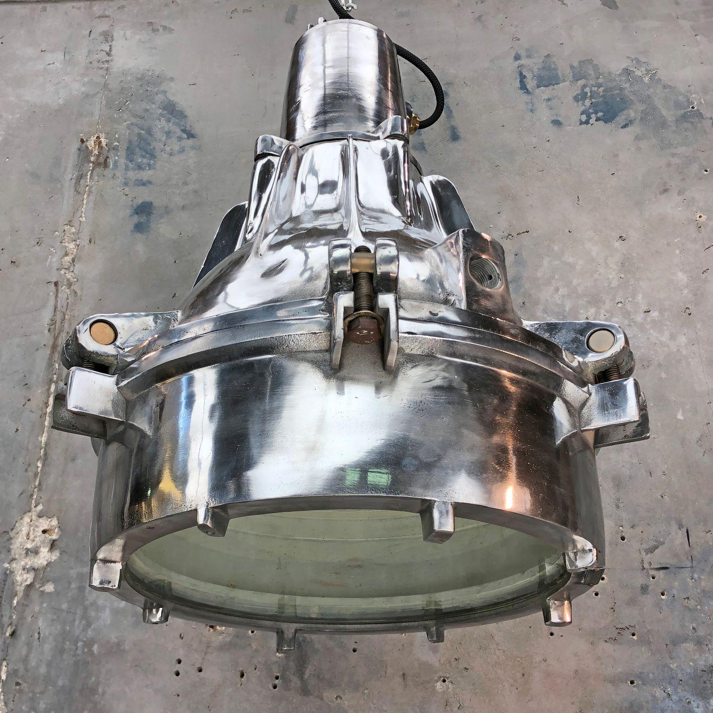 Late Century Explosion Proof Industrial Aluminium and Glass Ceiling Pendant In Good Condition For Sale In Leicester, Leicestershire