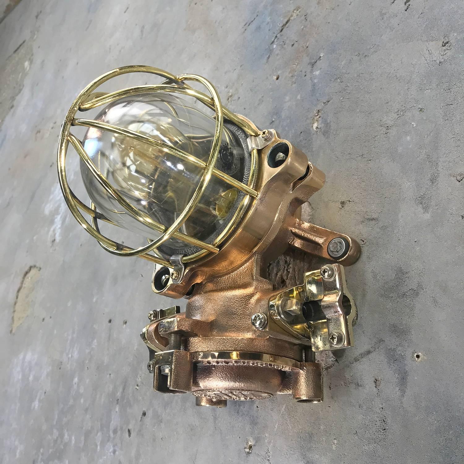 Late 20th Century Late Century Flame Proof Cast Bronze Ceiling / Wall Light, Glass Dome Brass Cage For Sale