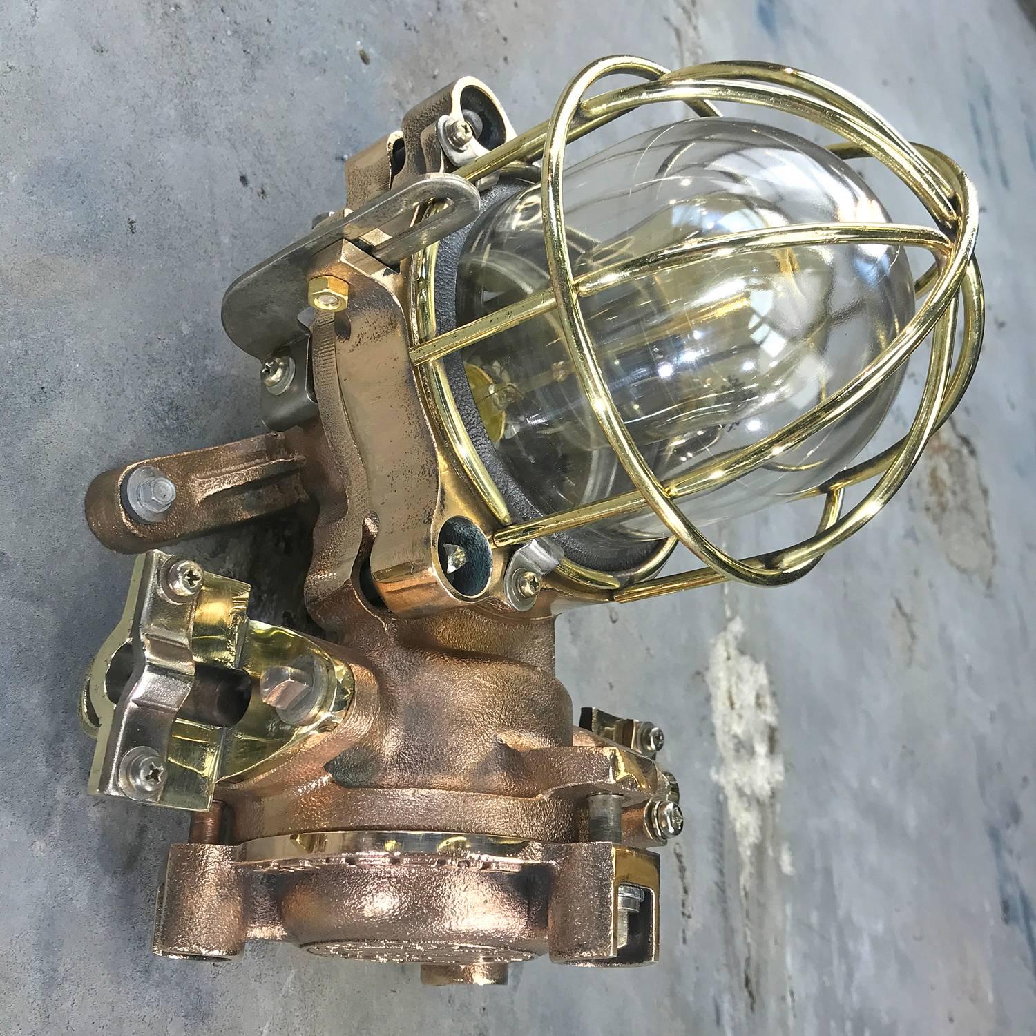 Late Century Flame Proof Cast Bronze Ceiling / Wall Light, Glass Dome Brass Cage For Sale 1