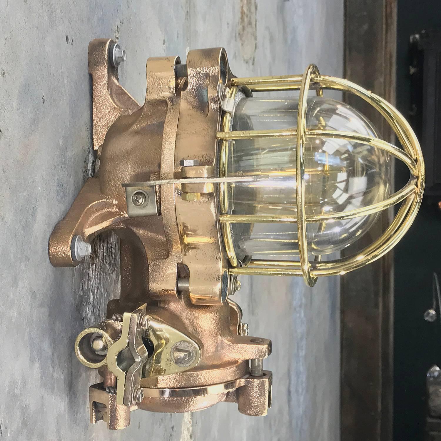 Late Century Flame Proof Cast Bronze Ceiling / Wall Light, Glass Dome Brass Cage For Sale 2