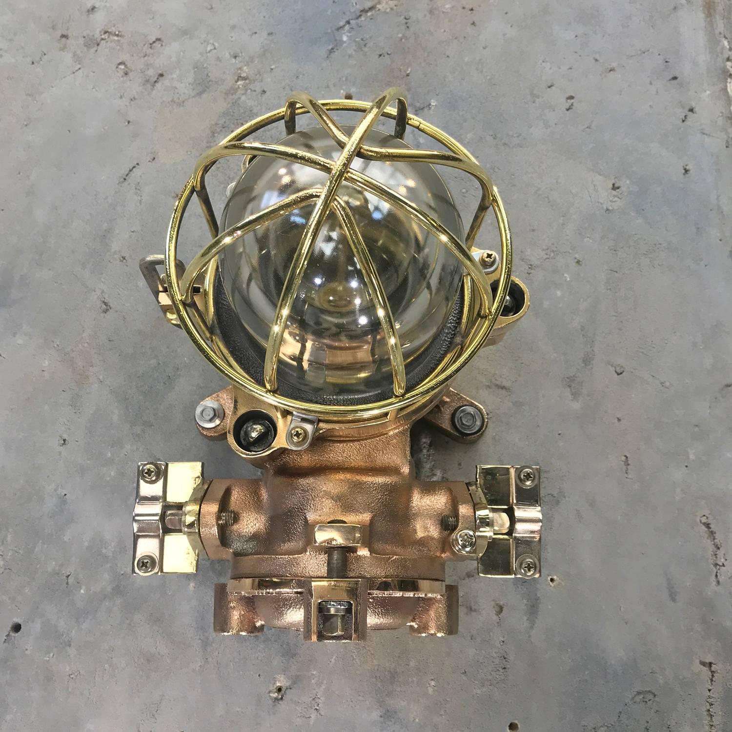 Late Century Flame Proof Cast Bronze Ceiling / Wall Light, Glass Dome Brass Cage For Sale 4