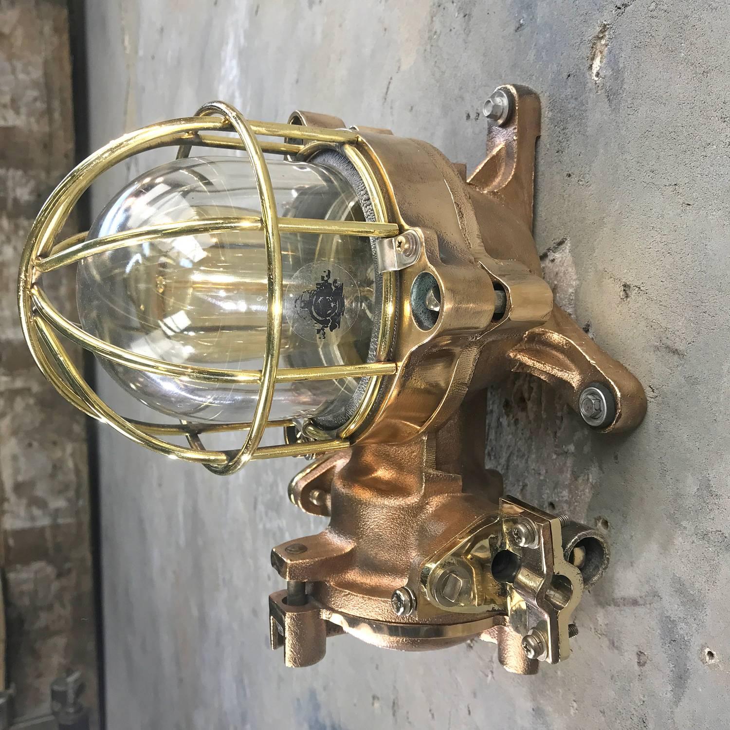 Late Century Flame Proof Cast Bronze Ceiling / Wall Light, Glass Dome Brass Cage For Sale 4