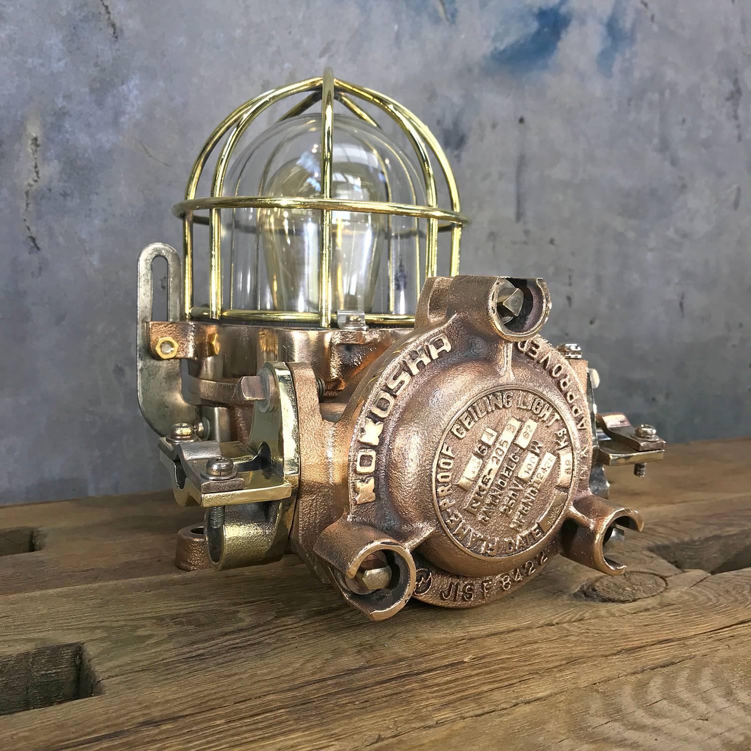Late Century Flame Proof Cast Bronze Ceiling / Wall Light, Glass Dome Brass Cage For Sale 6