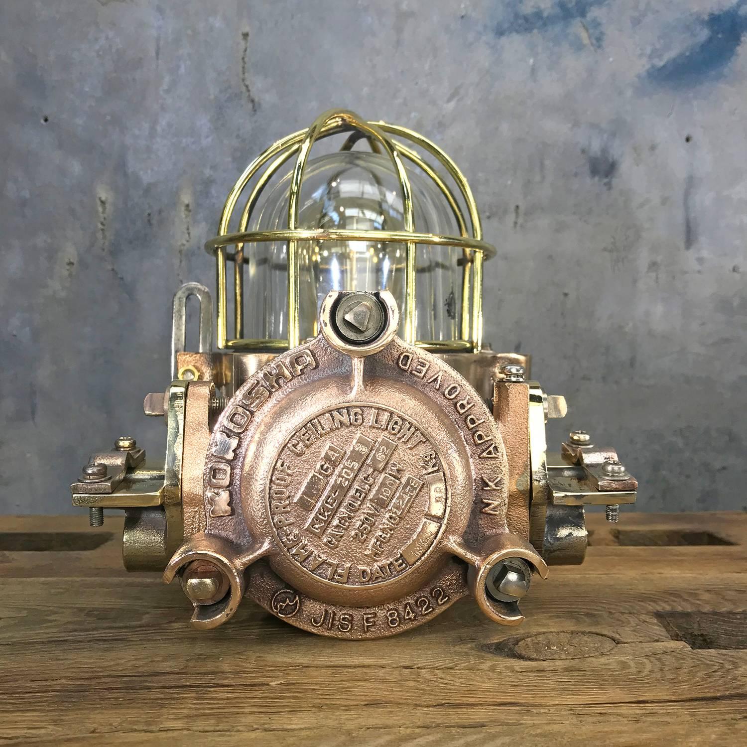 Late Century Flame Proof Cast Bronze Ceiling / Wall Light, Glass Dome Brass Cage For Sale 8