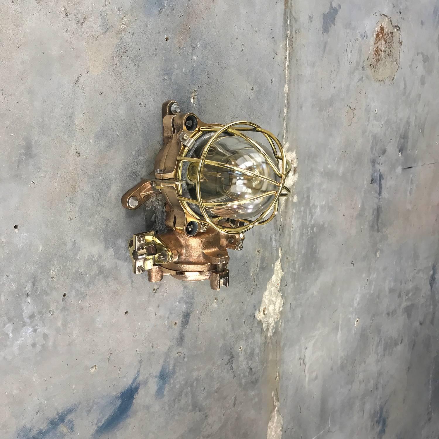Late Century Flame Proof Cast Bronze Ceiling / Wall Light, Glass Dome Brass Cage For Sale 9
