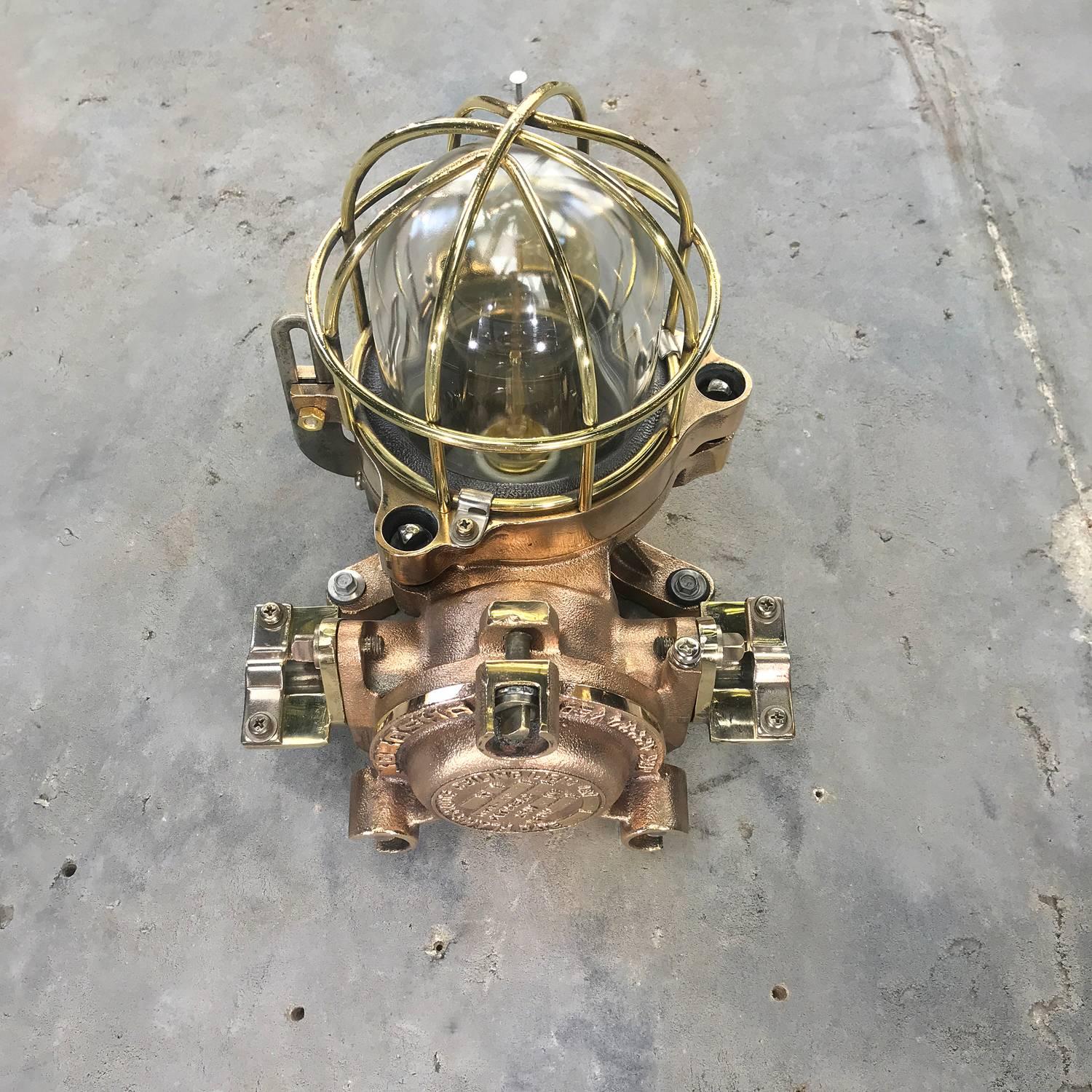 Late Century Flame Proof Cast Bronze Ceiling / Wall Light, Glass Dome Brass Cage For Sale 10