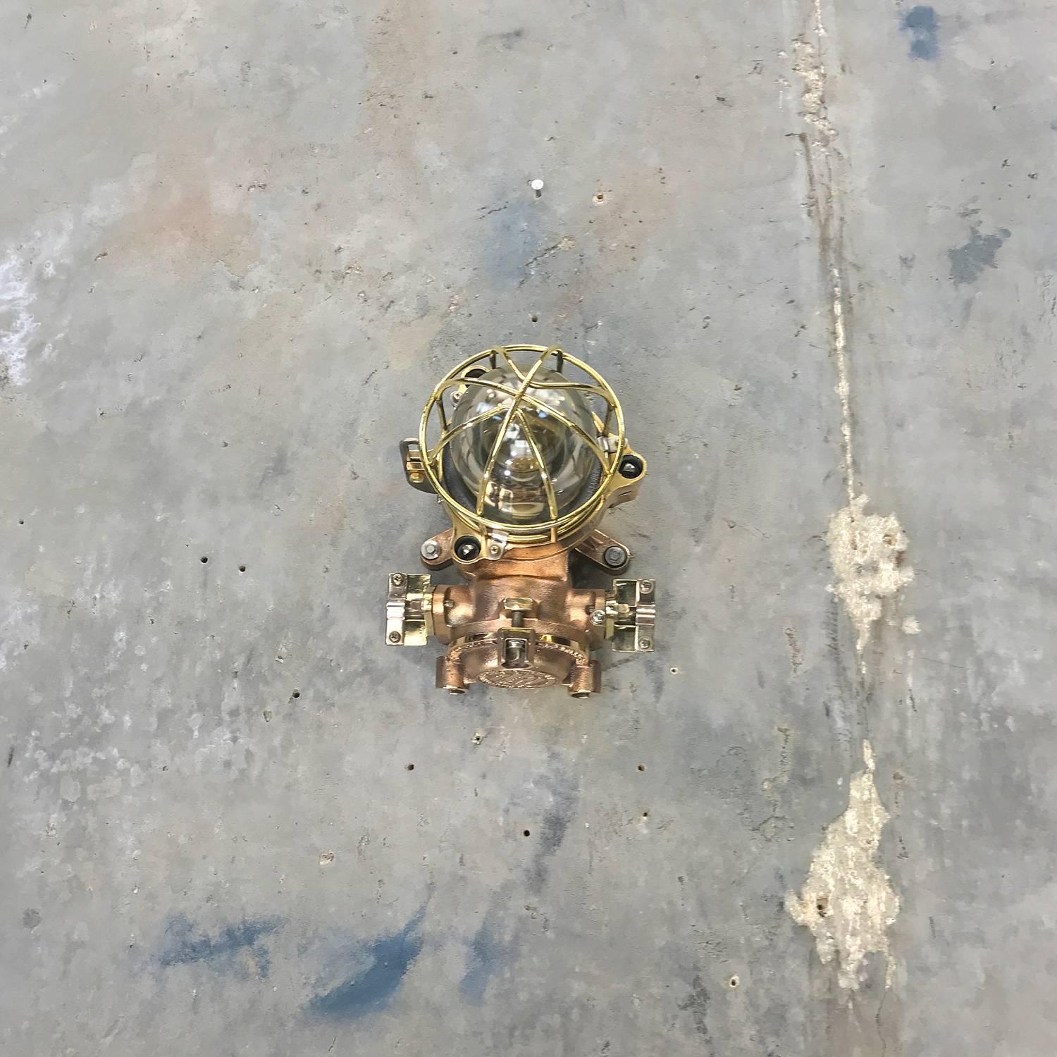 Late Century Flame Proof Cast Bronze Ceiling / Wall Light, Glass Dome Brass Cage For Sale 10