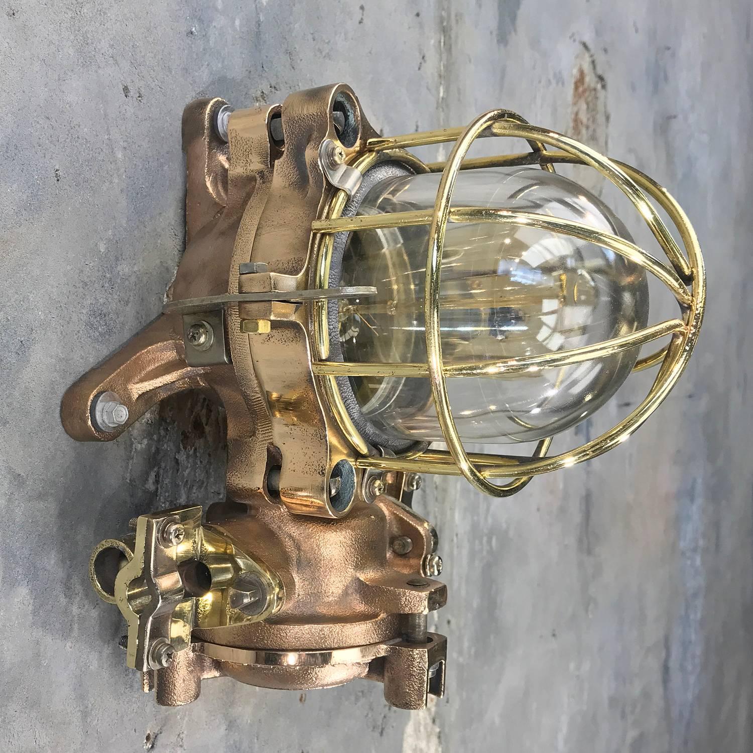 Tempered Late Century Flame Proof Cast Bronze Ceiling / Wall Light, Glass Dome Brass Cage For Sale