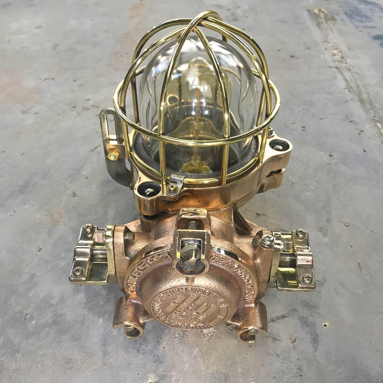 Late 20th Century Late Century Flame Proof Cast Bronze Ceiling / Wall Light, Glass Dome Brass Cage For Sale