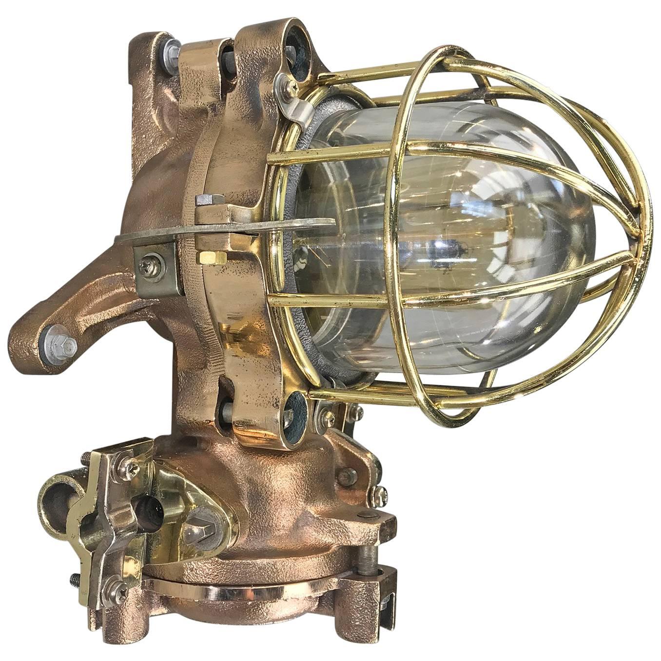 Late Century Flame Proof Cast Bronze Ceiling / Wall Light, Glass Dome Brass Cage