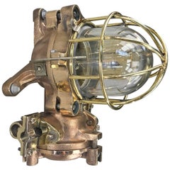 Vintage Late Century Flame Proof Cast Bronze Ceiling / Wall Light, Glass Dome Brass Cage